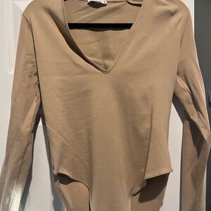 Zara Tan Long Sleeve V-Neck Top